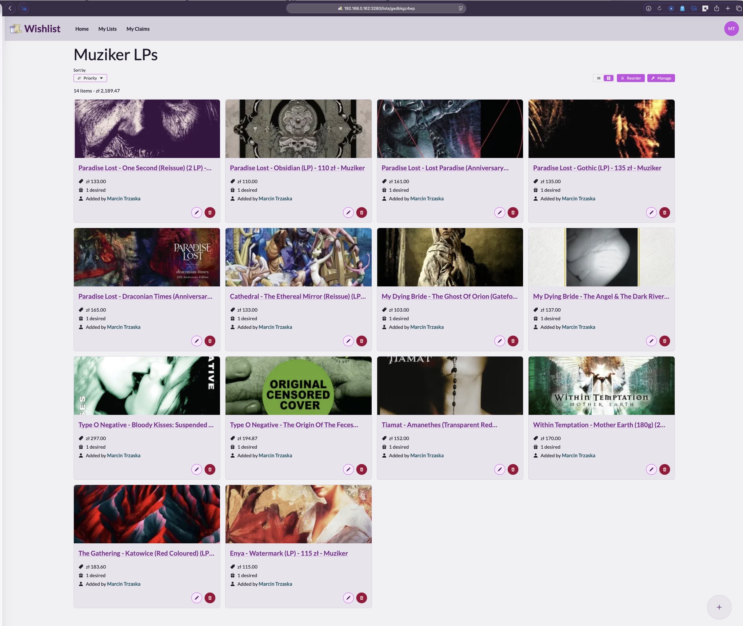 Screenshot przeglądarki internetowej z otworzoną stroną z działającą instancją WishList