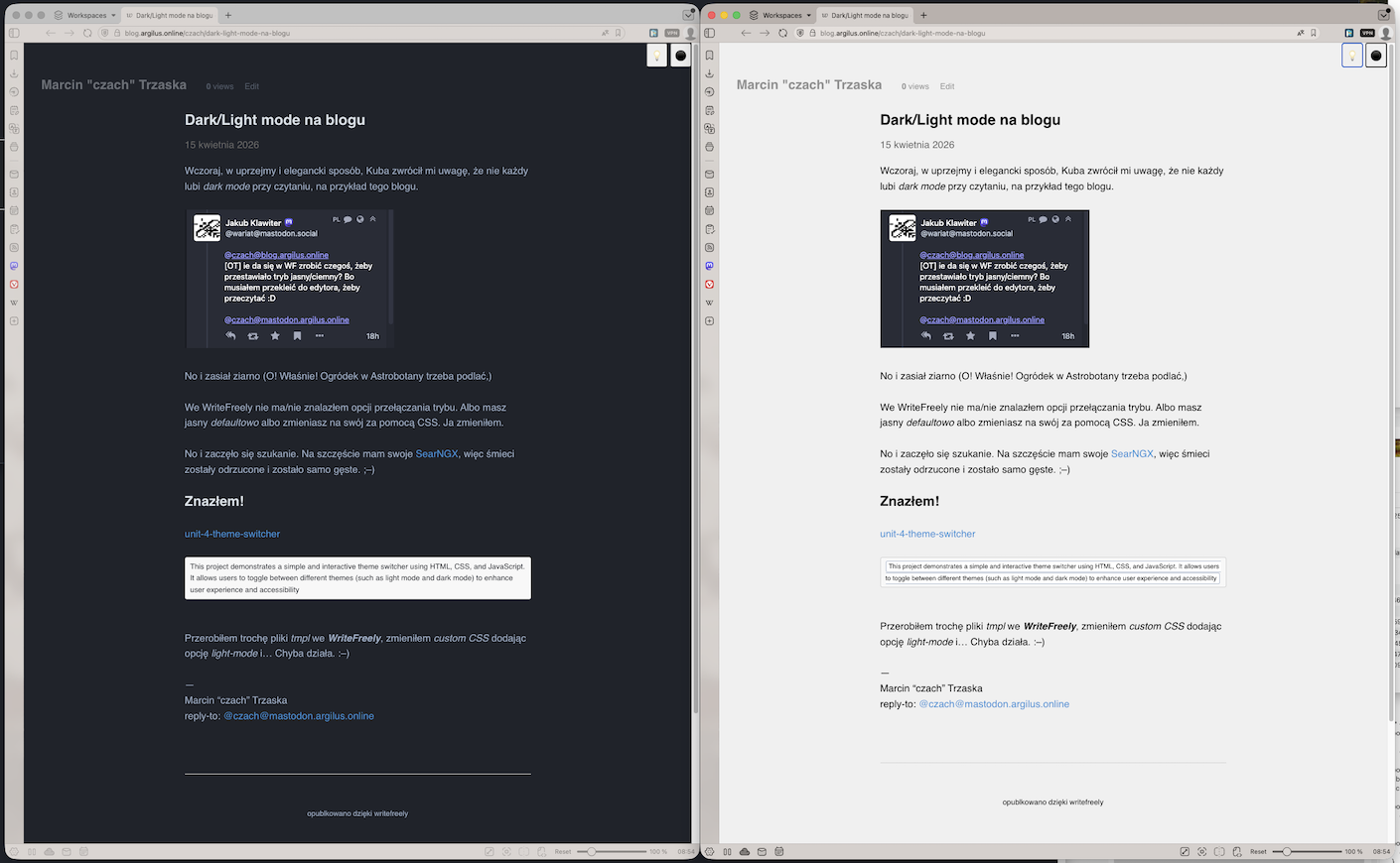 Dark/Light mode in WF "Dark i Light mode we WriteFreely"