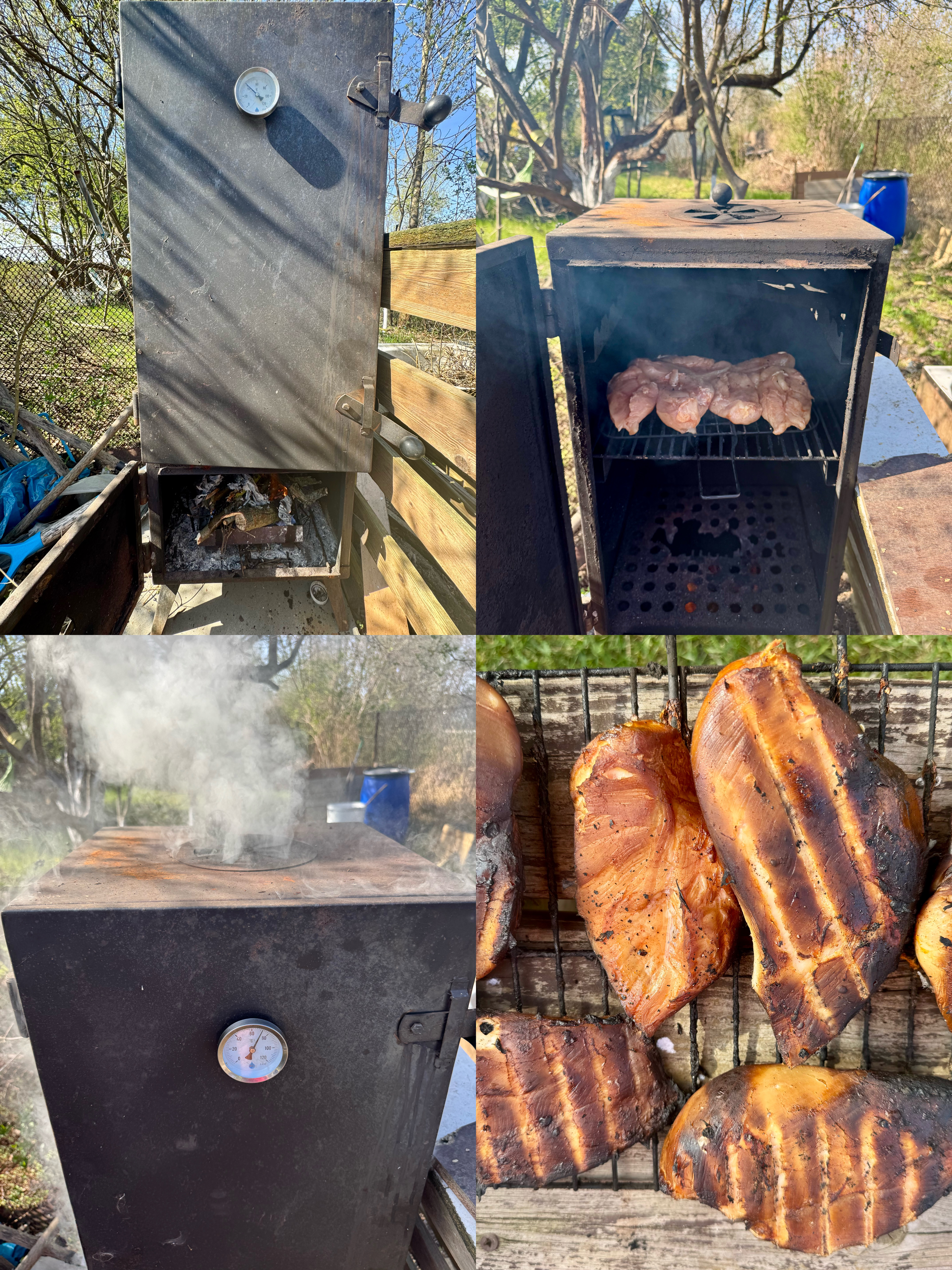 Kolaż obrazów przedstawiających proces wędzenia: wysoki, ciemny metalowy palacz z otwartym dnem odsłaniającym płonące drewno i termometrem na drzwiach; palacz z otwartymi drzwiami, odsłaniający mięso na stojaku w środku; dym unoszący się z góry palacza; i wędzone kawałki mięsa na grillu, niektóre z wyraźnymi śladami grilla.