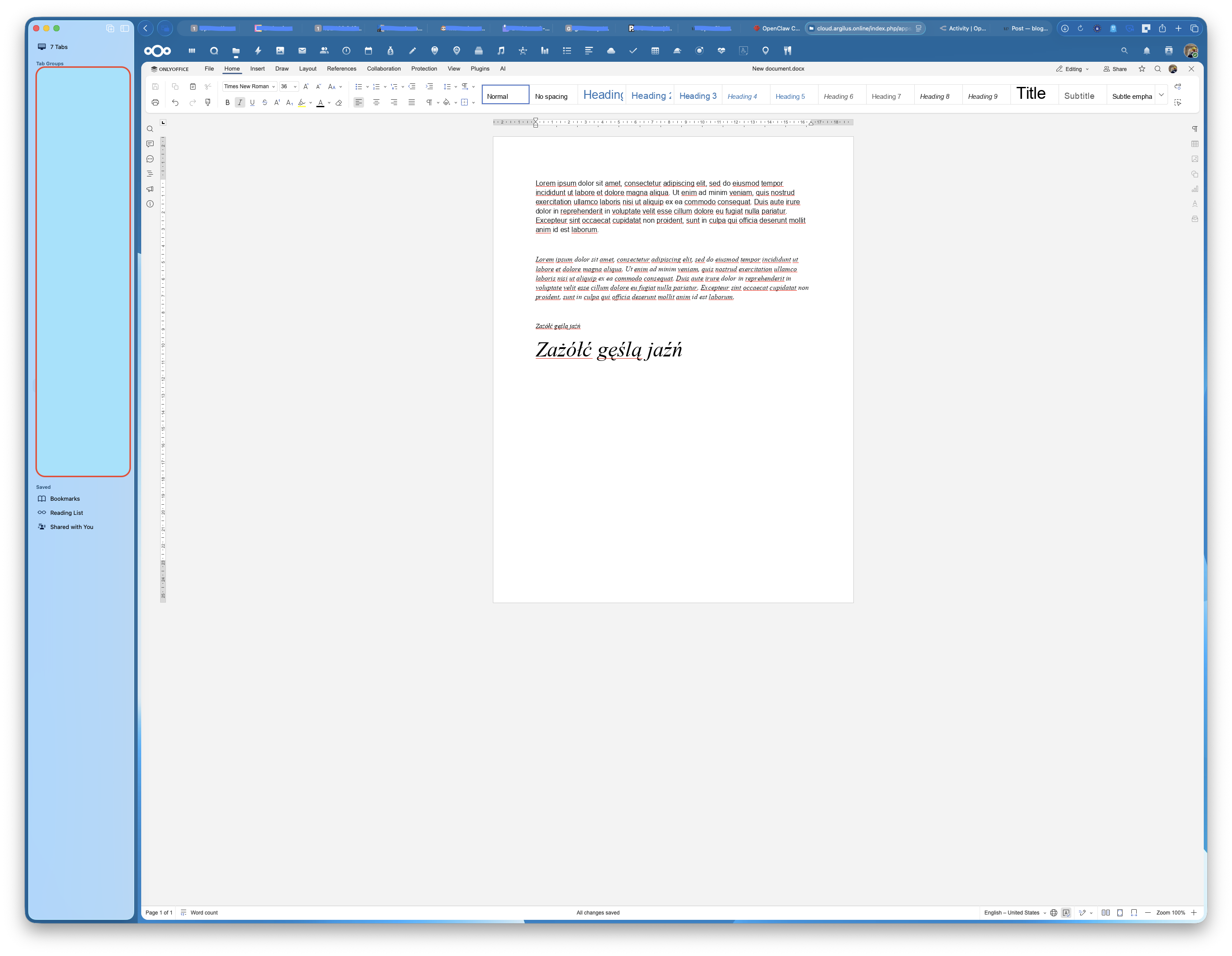 screenshot przeglądarki internetowej z uruchomioną chmurową wersją OnlyOffice poprzez NextClouda